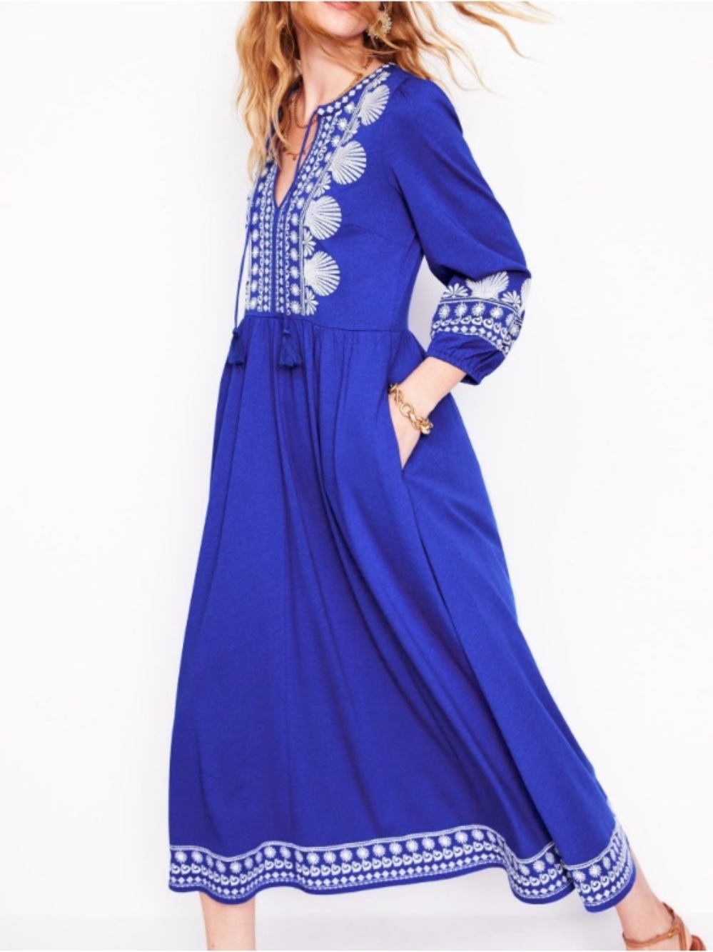 Boden Embroidered Royal Blue Maxi Dress with Tassel Tie size 8